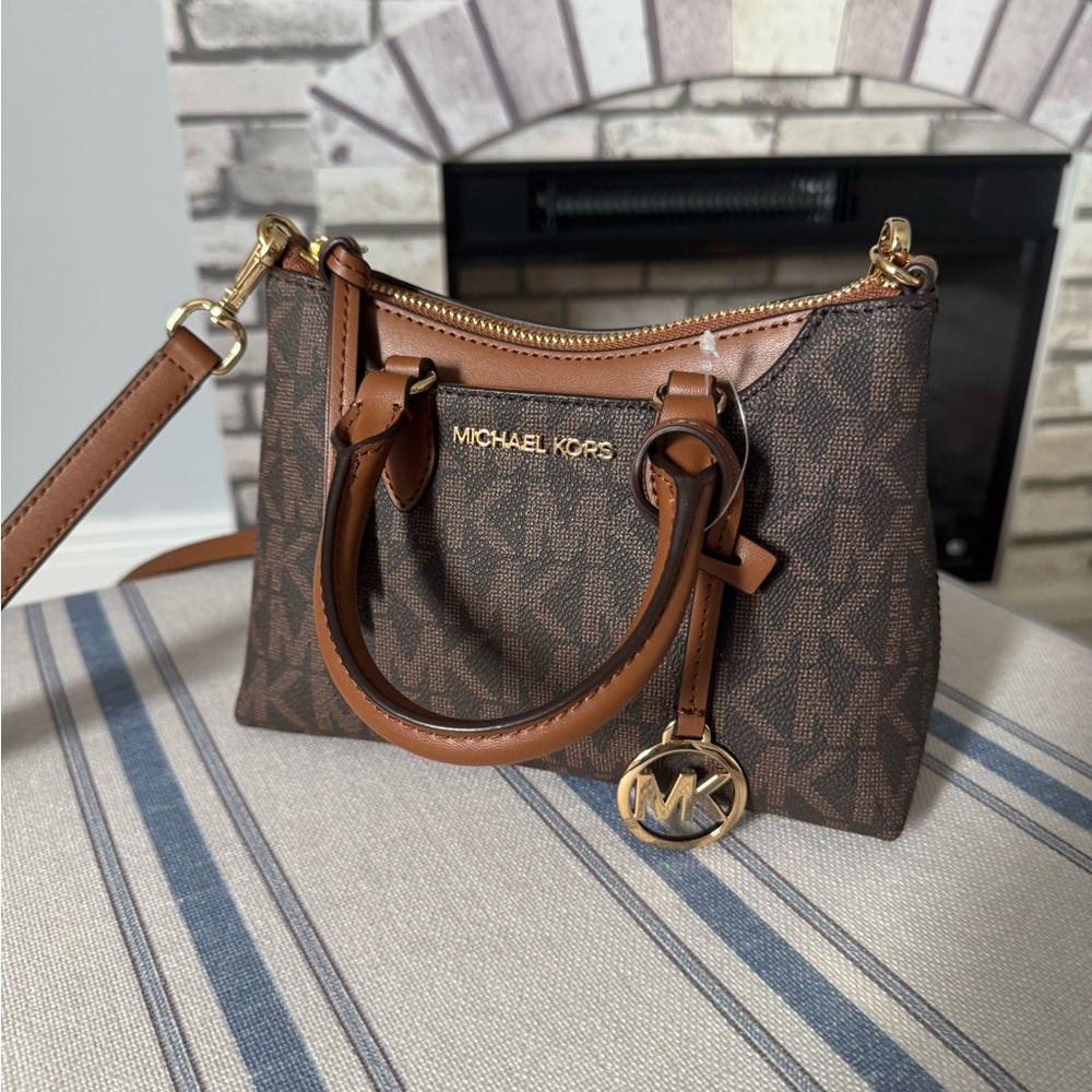Michael Kors Brown MK Monogram Mini Satchel with Gold Hardware